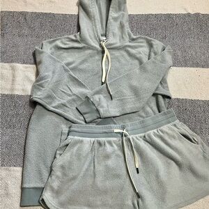 Women's light blue fear blanket blend hoodie and short set.